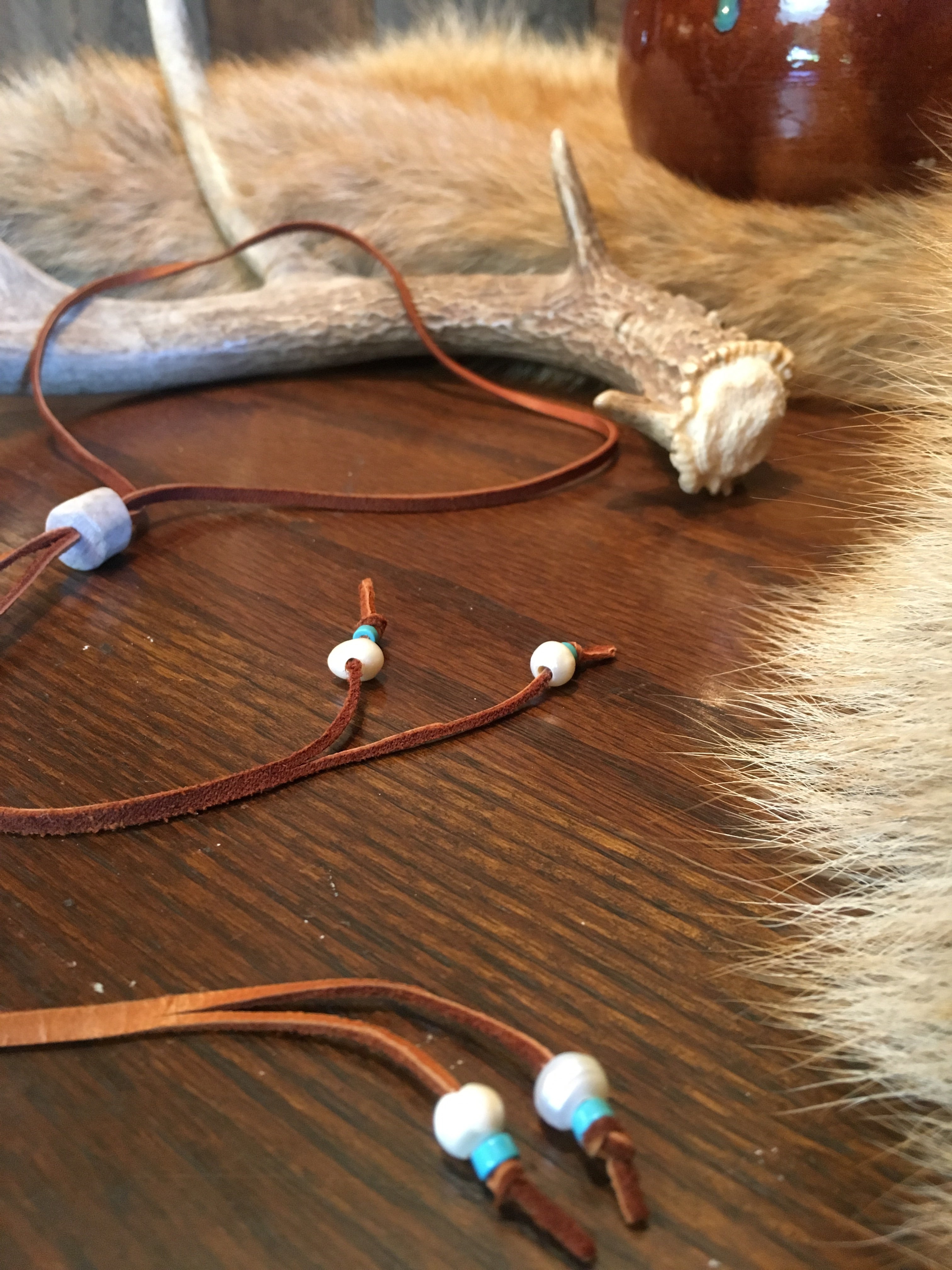 EXCLUSIVE - Deer Skin Leather, Fresh Water Pearl & Turquoise Necklace